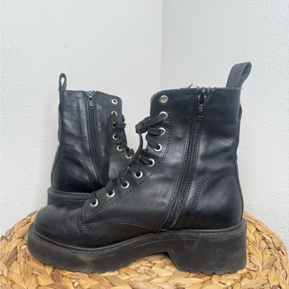 Steve Madden Black Combat Boots leather platform, lace up Moto biker - Picture 4 of 5